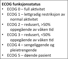 Figur 3. ECOG funksjonsstatus bør brukes til å beskrive pasientens funksjonsstatus. Funksjonsstatus >2 tilsier som regel at aggressiv behandling ikke er indisert.