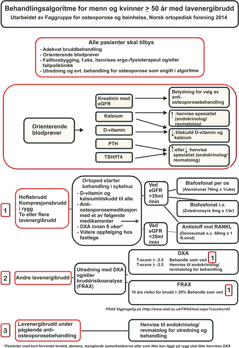 Figur 2. Forslag til behandlingsalgoritme for pasienter med lavenergibrudd > 50 år. Utarbeidet av faggruppe for osteoporose og benhelse i Norsk ortopedisk forening 2014.